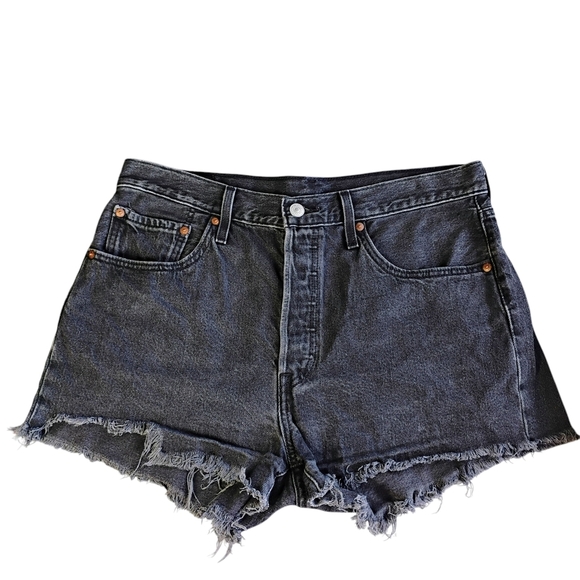 Levi's 501 Distressed Denim Shorts Women's 31 Waist Black Button Fly High Rise - Picture 1 of 13